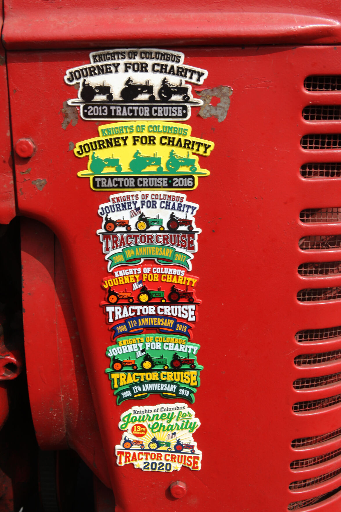 Stickers adorn a tractor